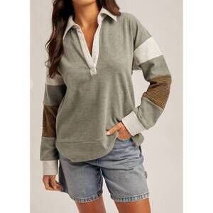 NEW HEM & THREAD brushed jersey stripe mix color block pullover in olive